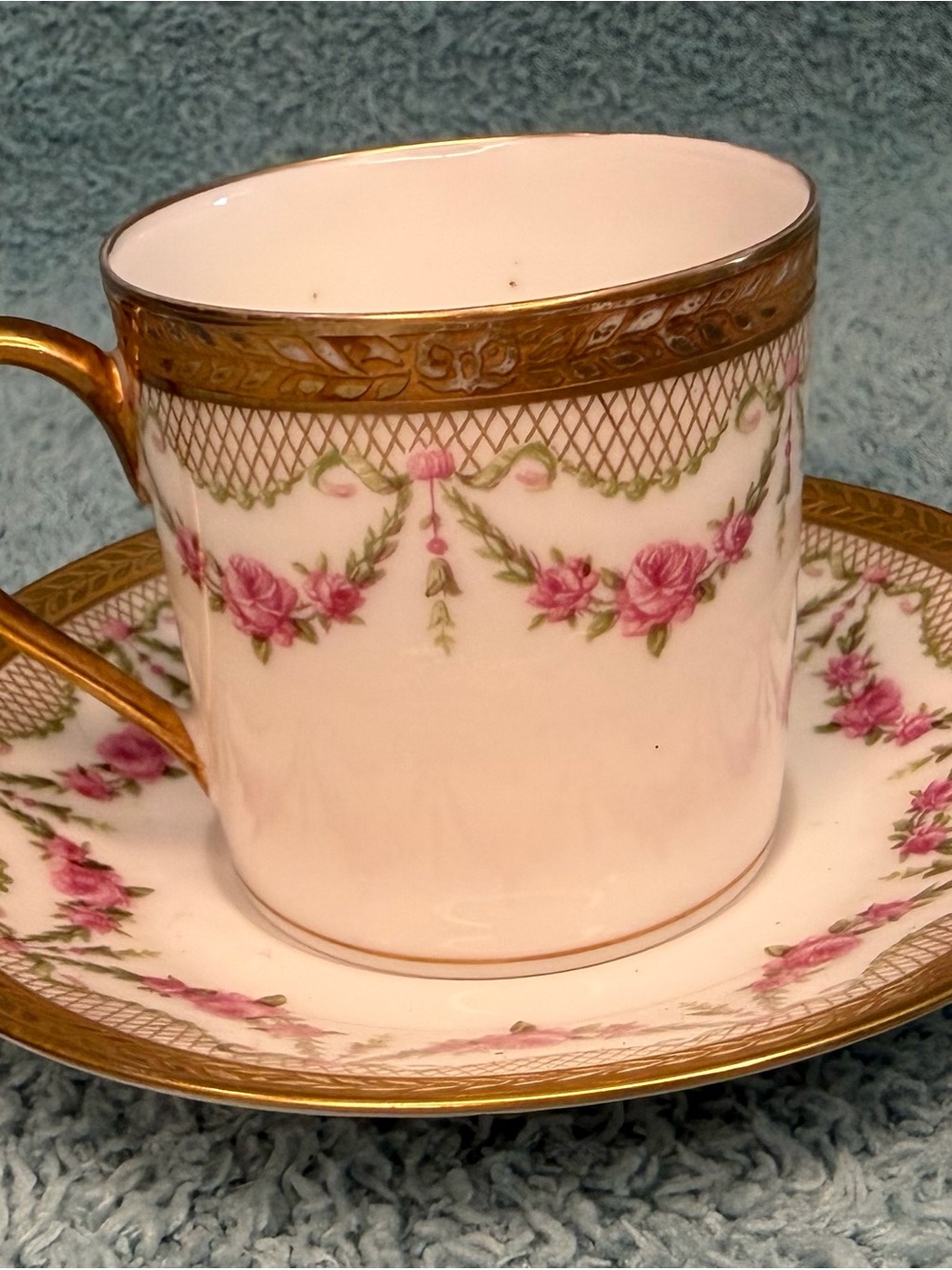 Antique C Ahrenfeldt Limoges France Tea Cup Saucer Floral Gold Trim Cottagecore